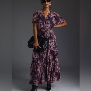 Anthropologie Plum and Blush Floral Maxi Dress